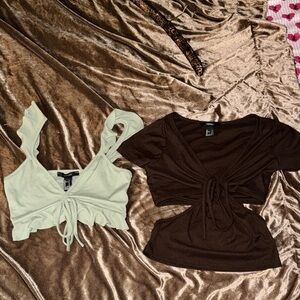 Forever 21 Two-Pack Tie-Front Crop Tops — Mint & Dark Brown